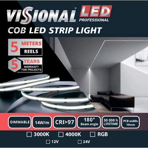 VISIONAL LED-nauha sisätiloihin | COB | 5m/10mm | 14W | 12V | 742lm/m | RGB | IP20