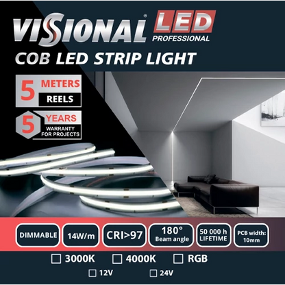 VISIONAL LED-nauha sisätiloihin | COB | 5m/10mm | 14W | 12V | 742lm/m | RGB | IP20