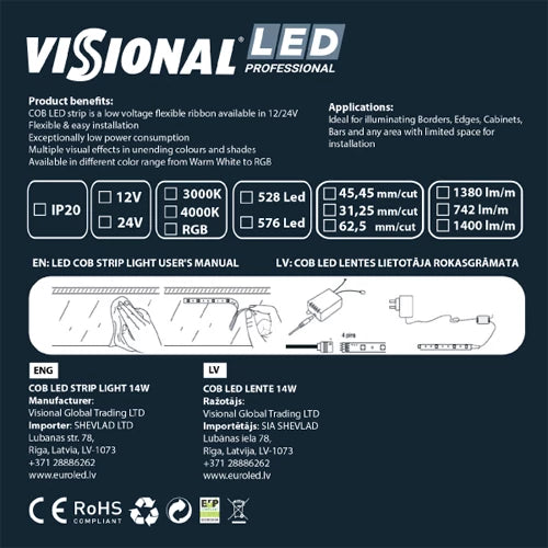 VISIONAL LED-nauha sisätiloihin | COB | 5m/10mm | 14W | 12V | 742lm/m | RGB | IP20