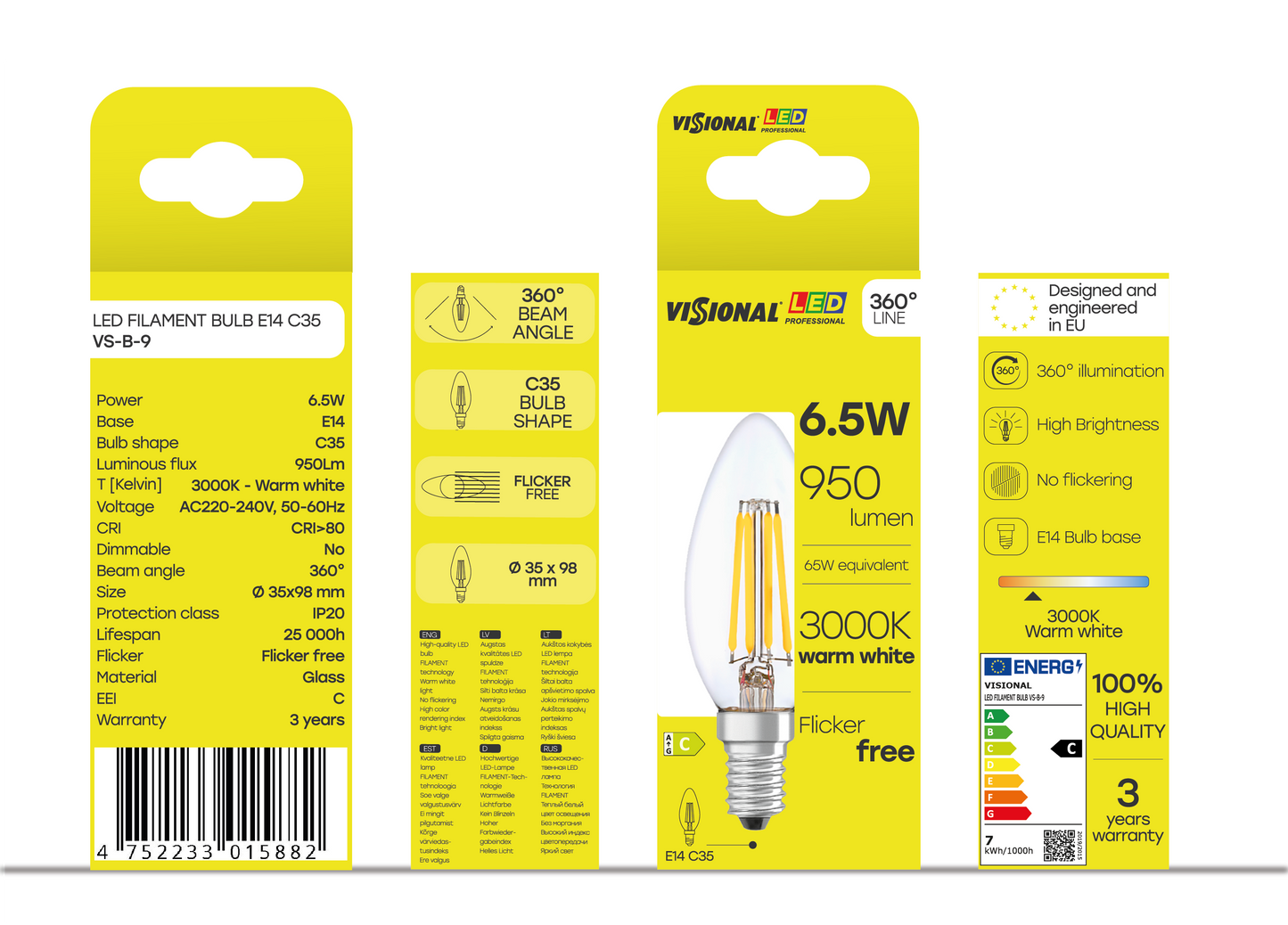 VISIONAL Filamentti LED-lamppu | E14 | C35 | 6.5W | 950lm | 3000K | IP20 | 360°