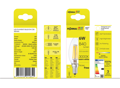 VISIONAL Filamentti LED-lamppu | E14 | C35 | 6W | 840lm | 3000K | IP20 | 360°