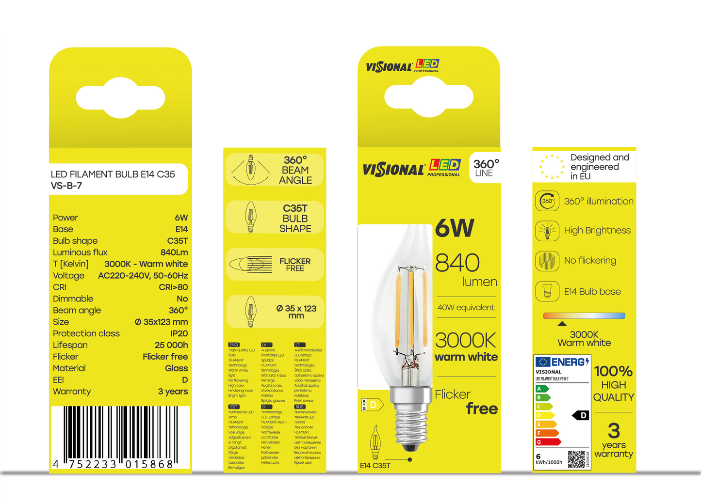 VISIONAL Filamentti LED-lamppu | E14 | C35T | 6W | 840lm | 3000K | IP20 | 360°