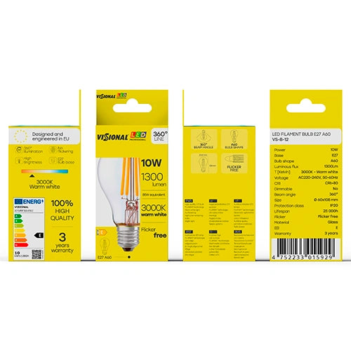 VISIONAL Filamentti LED-lamppu | E27 | A60 | 10W | 1300lm | 3000K | IP20 | 360°