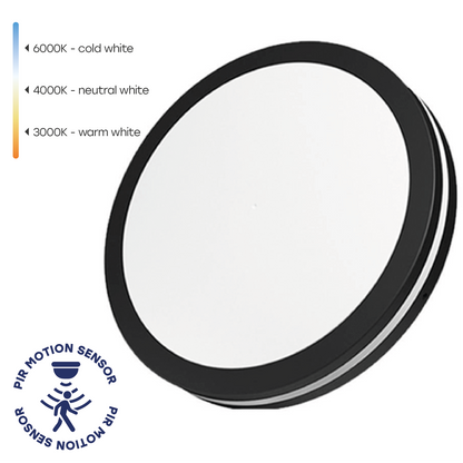 VISIONAL kosteudenkestävä LED-plafondi kattovalaisin PIR-liiketunnistimella | 300x55 mm | 30W | 3600lm | 3CCT | IP65 | Musta