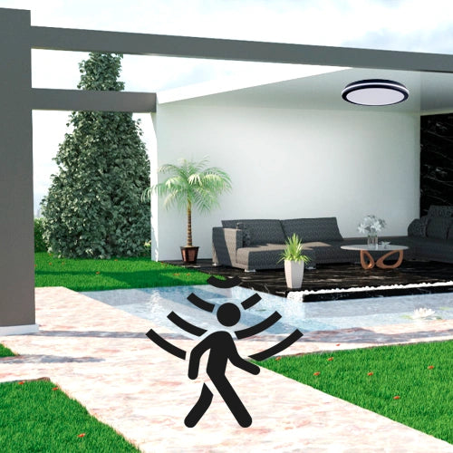 VISIONAL kosteudenkestävä LED-plafondi kattovalaisin PIR-liiketunnistimella | 300x55 mm | 30W | 3600lm | 3CCT | IP65 | Musta