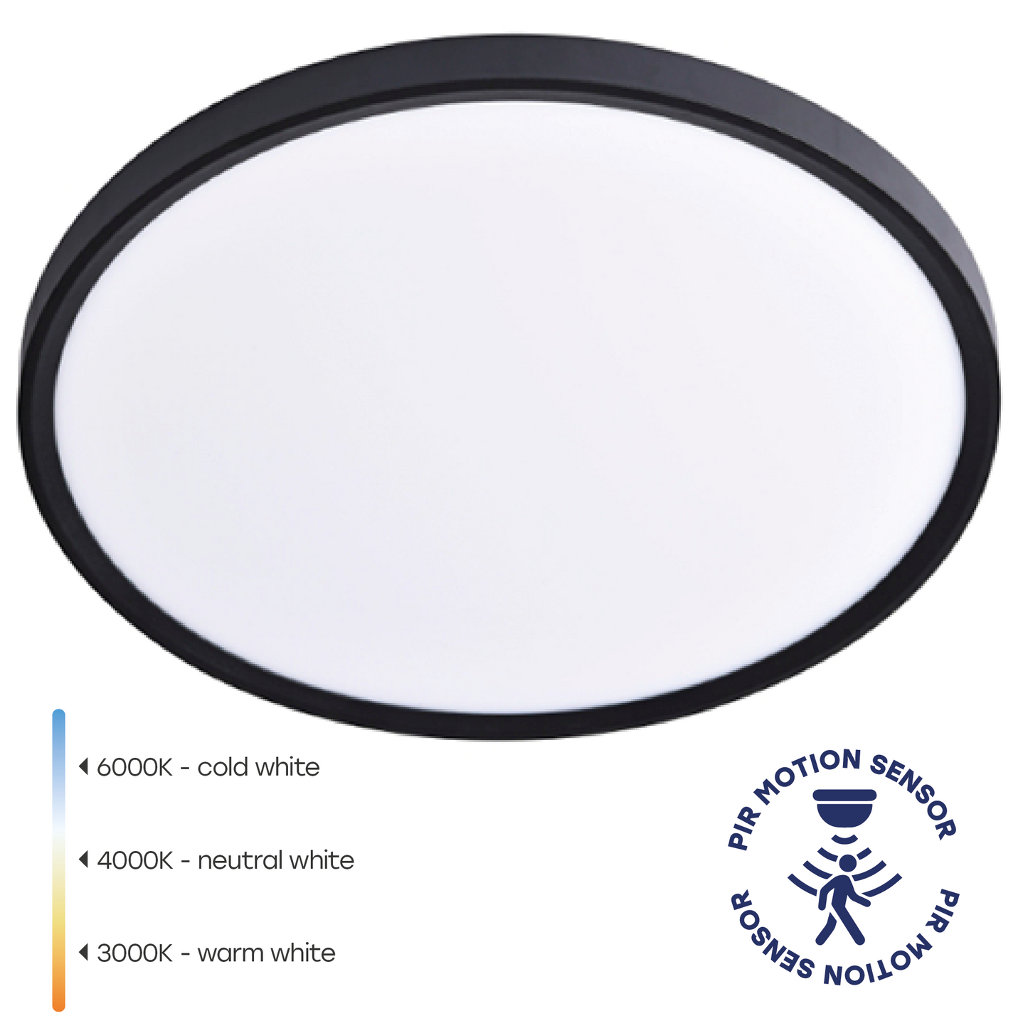 VISIONAL kosteudenkestävä LED-plafondi kattovalaisin PIR-liiketunnistimella | 400x25 mm | 32W | 3840lm | 3CCT | IP44 | Musta