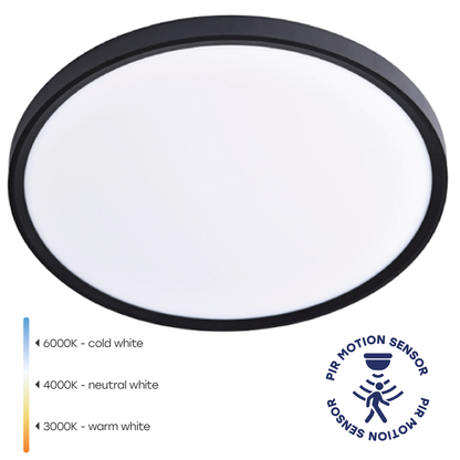 VISIONAL kosteudenkestävä LED-plafondi kattovalaisin PIR-liiketunnistimella | 400x25 mm | 32W | 3840lm | 3CCT | IP44 | Musta