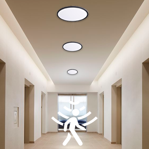 VISIONAL kosteudenkestävä LED-plafondi kattovalaisin PIR-liiketunnistimella | 400x25 mm | 32W | 3840lm | 3CCT | IP44 | Musta