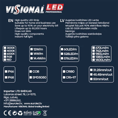 VISIONAL vedenpitävä LED-nauha | COB | 5m/12mm | 14W | 12V | 1400lm/m | 4000K | IP66
