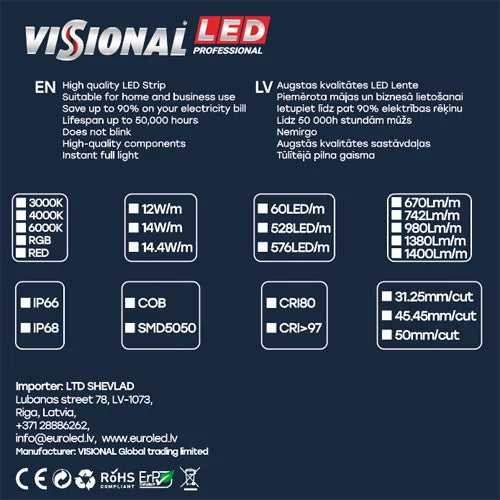 VISIONAL vedenpitävä LED-nauha | COB | 5m/12mm | 14W | 12V | 742lm/m | RGB | IP66